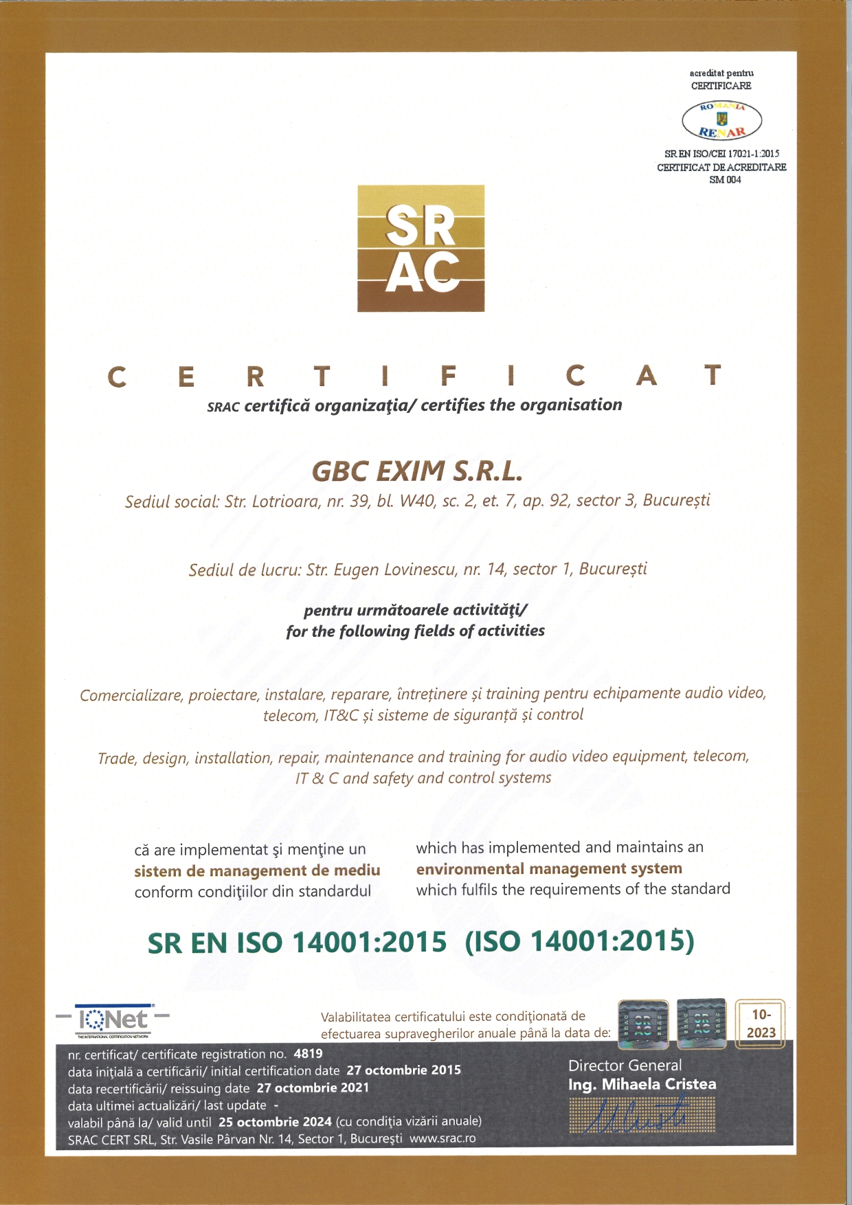 Certificare SR EN ISO 14001:2015